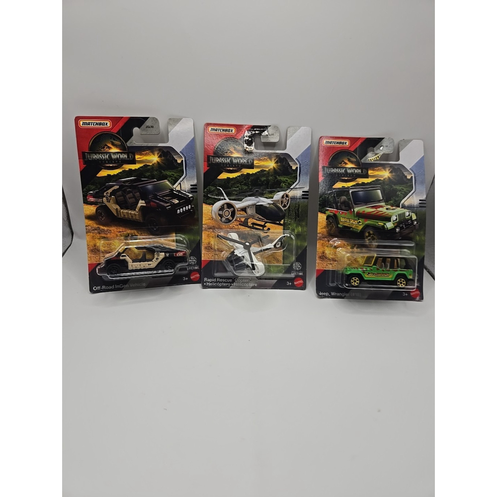 Jurassic World Rebirth MATCHBOX LOT OF 3 - Jeep, Copter, Off Road InGen Mercedes